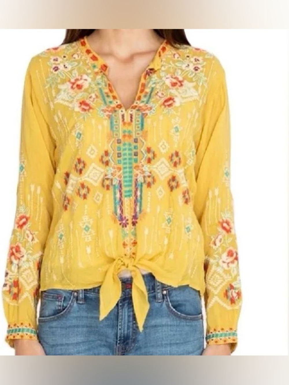 Johnny Was Donya Tie Front Top in Golden Yellow - SZ XS